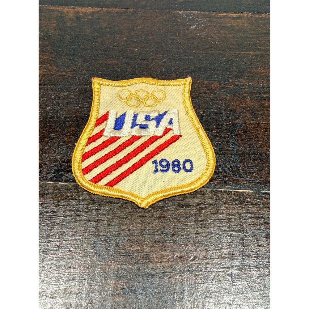 Vintage 1980 USA Olympic Team Shield Patch Embroidered Red White Blue Gold 2.5in